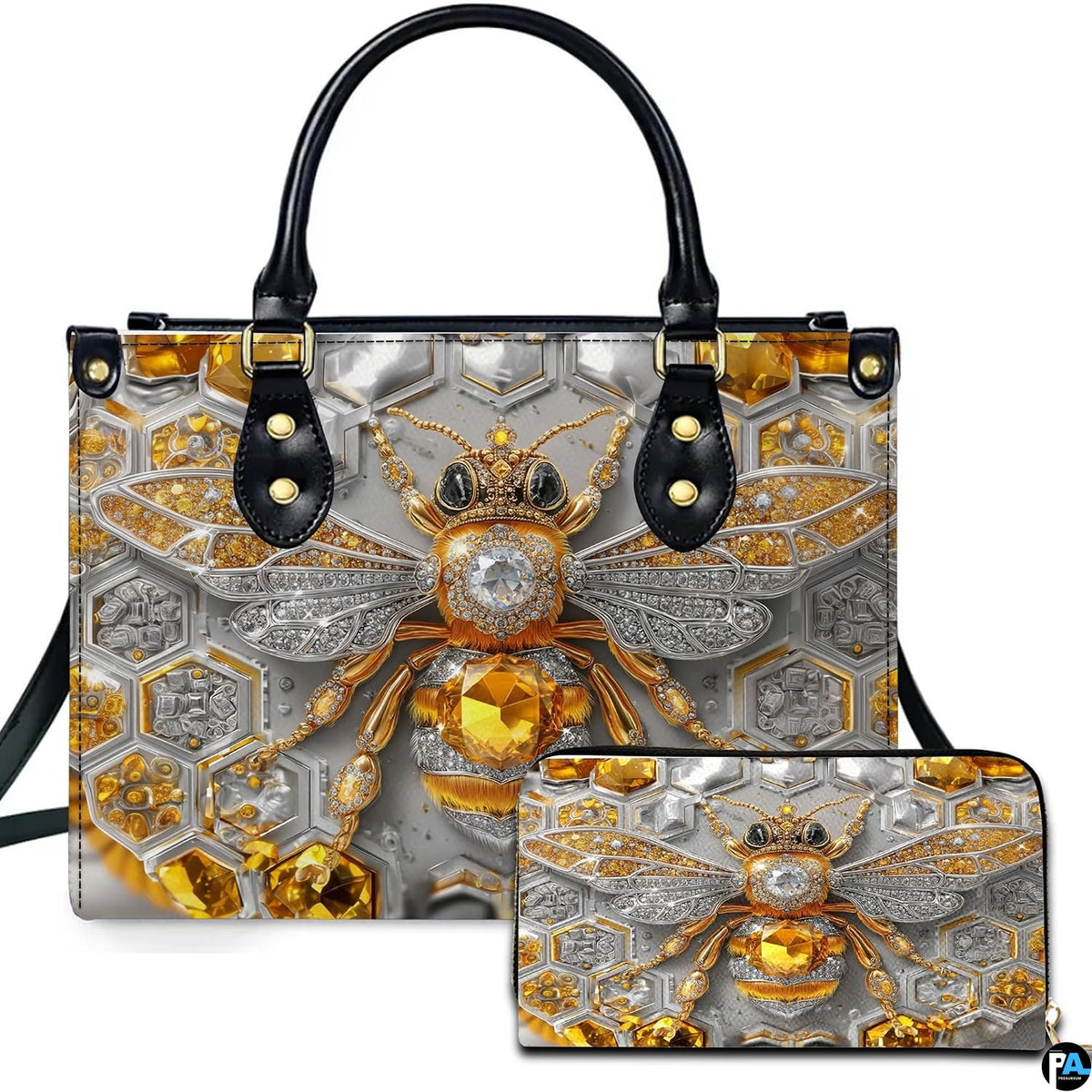 Front view of amber geometric honeycomb bee handbag and matching wallet set on silver background.