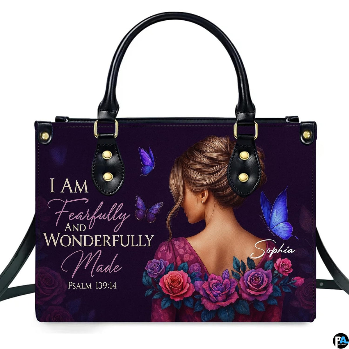 Devotional graphic showing an elegant woman in a floral gown, purple butterflies, and biblical verse lettering.