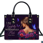 Devotional graphic showing an elegant woman in a floral gown, purple butterflies, and biblical verse lettering.