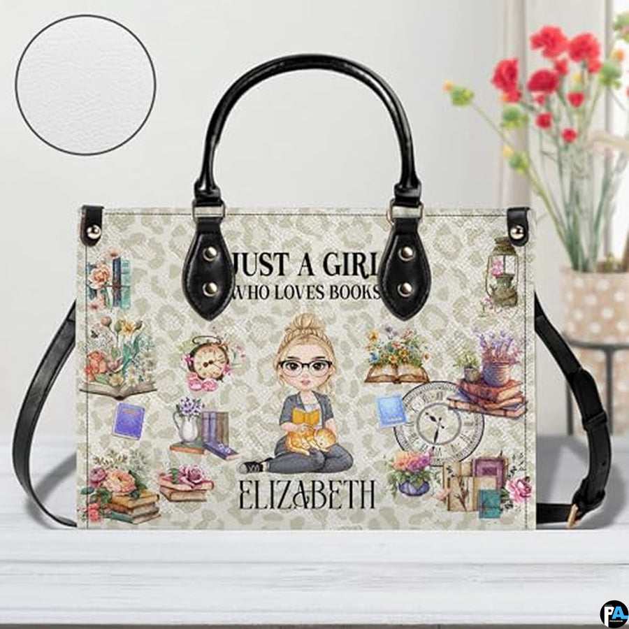 Personalized Book Lover Leather Bag, Just A Girl Who Loves Book Handbag With Name, Books Purse, Gifts For Readers, Writer