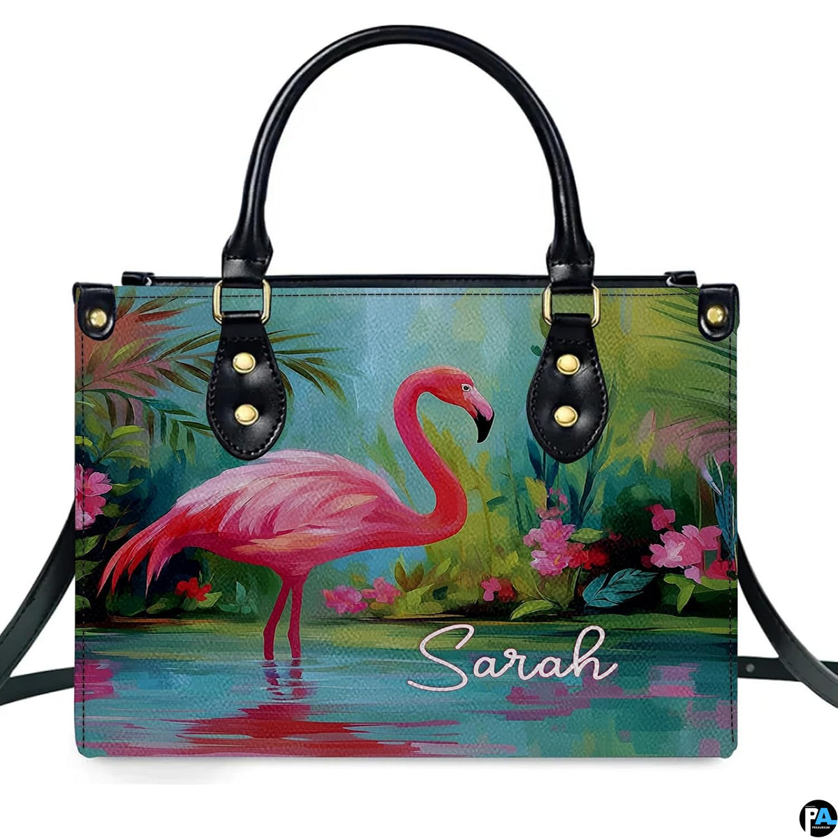 Angled display highlighting the tropical foliage and wading flamingo.