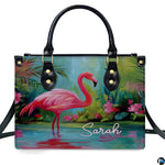 Angled display highlighting the tropical foliage and wading flamingo.