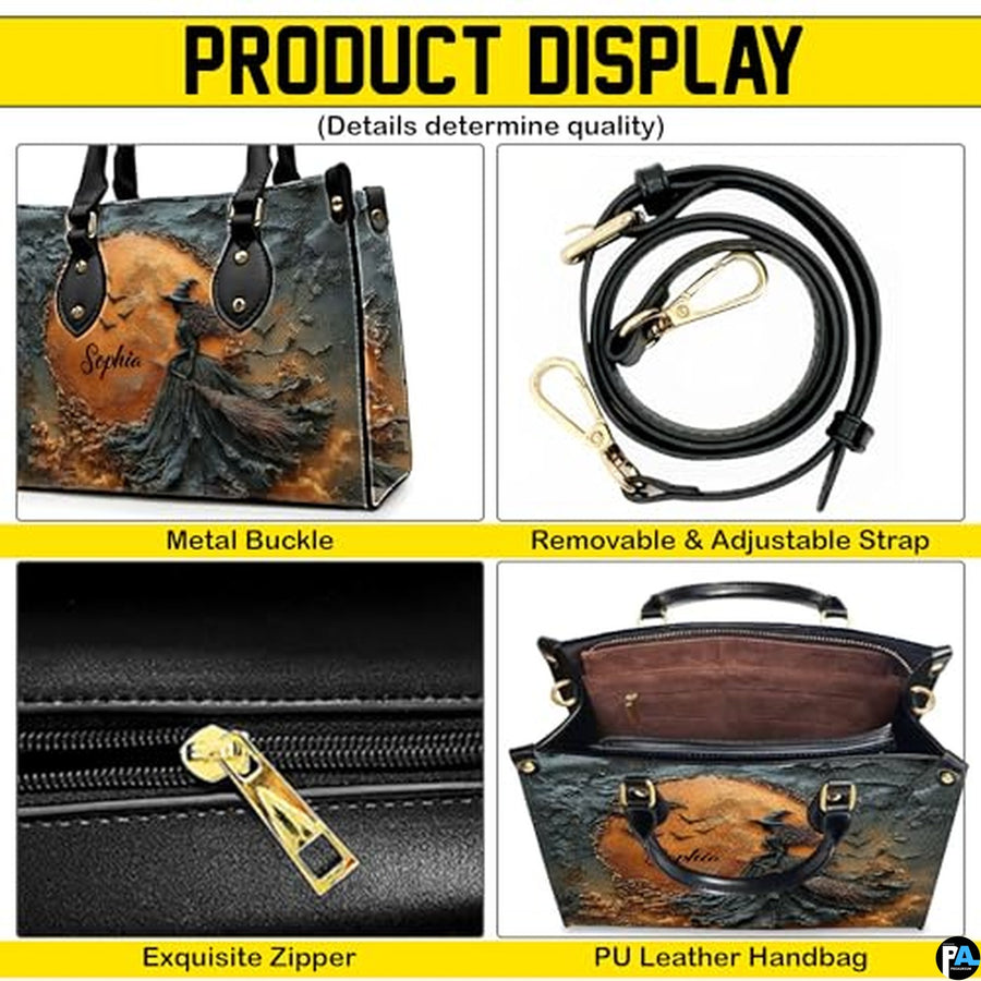Personalized Halloween Leather Handbag – Custom Witch 3D Printing Effect Purses For Women – Spooky Gothic Shoulder Bag