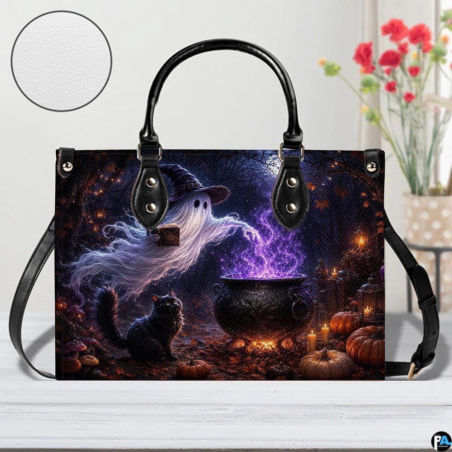Frontal view of halloween ghost art resting upright highlighting intricate cauldron detailing.
