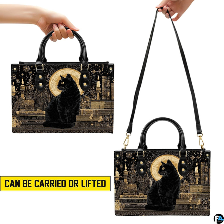 Graphic presentation illustrating dual elevated holding methods for the gothic feline art.