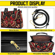 Bottom view of crimson butterfly handbag showing protective gold base hardware