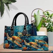 Lifestyle model display showing the sea turtle handbag worn over the shoulder.