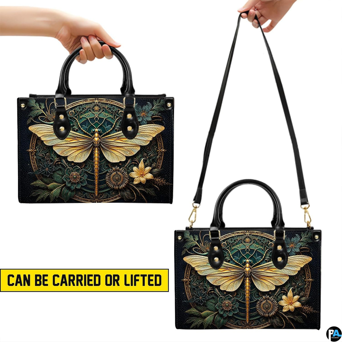 Front view of Art Deco dragonfly handbag featuring gold filigree mandala medallion on dark teal