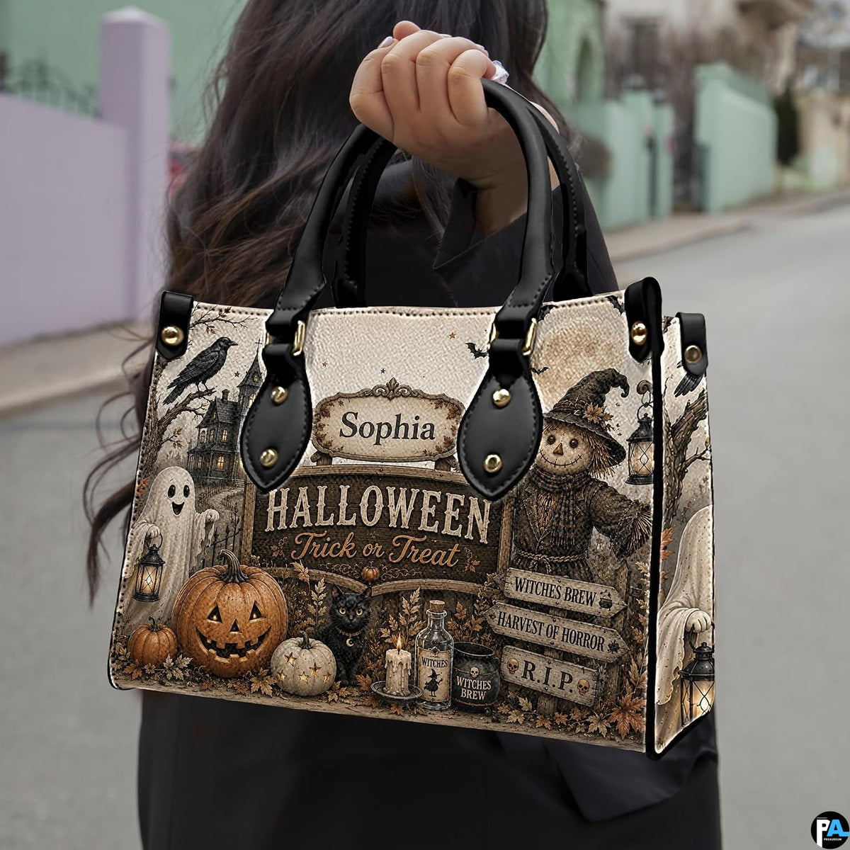 Lifestyle perspective of person holding the spooky autumn art accessory during an outdoor stroll.