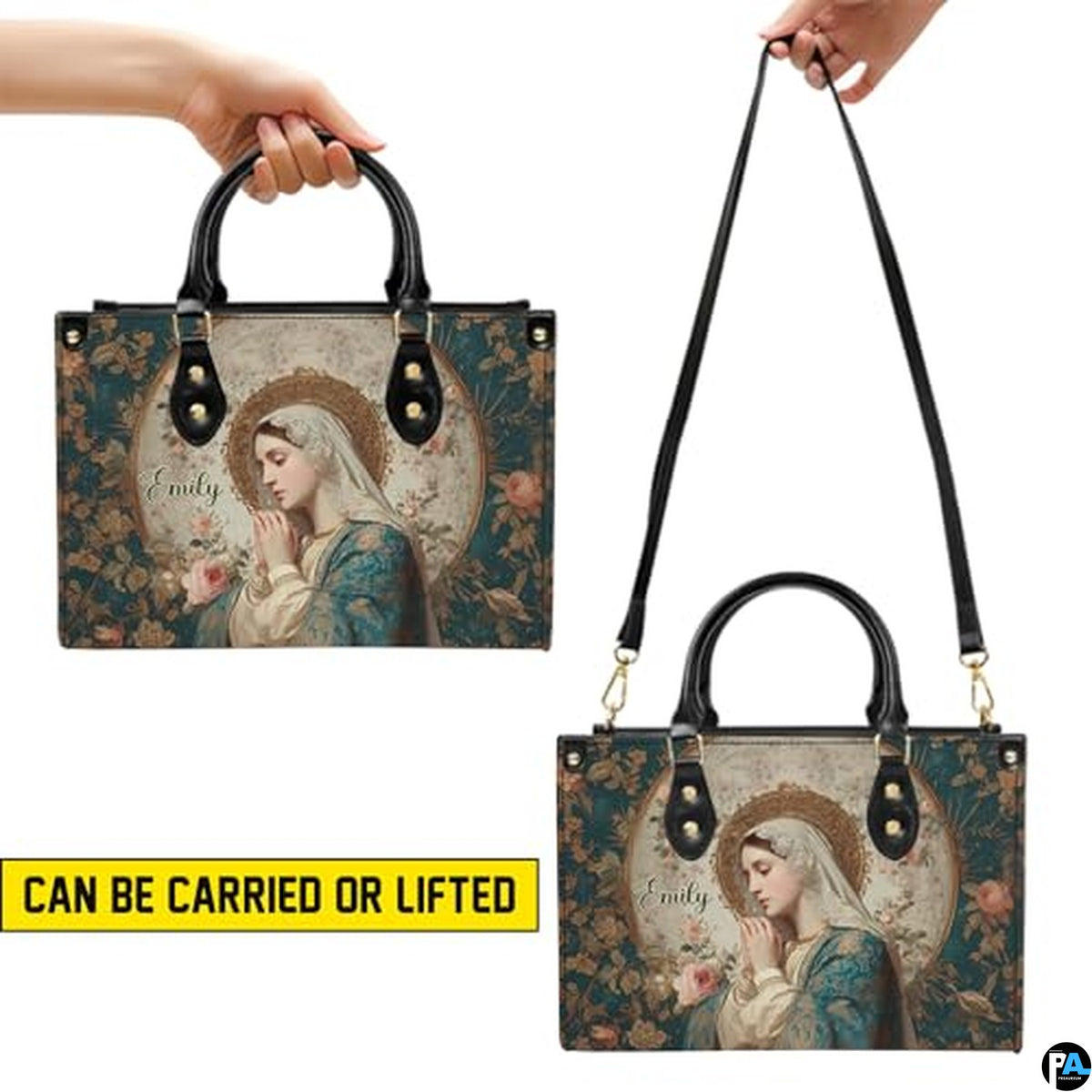 Custom Catholic Virgin Mary Leather Bag, Personalized Name Handbags and Purses for Christian Women Religious Bag Gifts