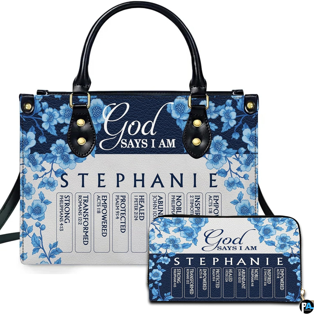 Blue porcelain floral vines framing navy block and devotional panels on cream background with matching companion item.