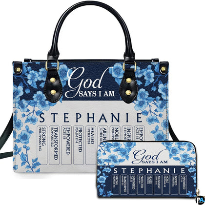 Blue porcelain floral vines framing navy block and devotional panels on cream background with matching companion item.