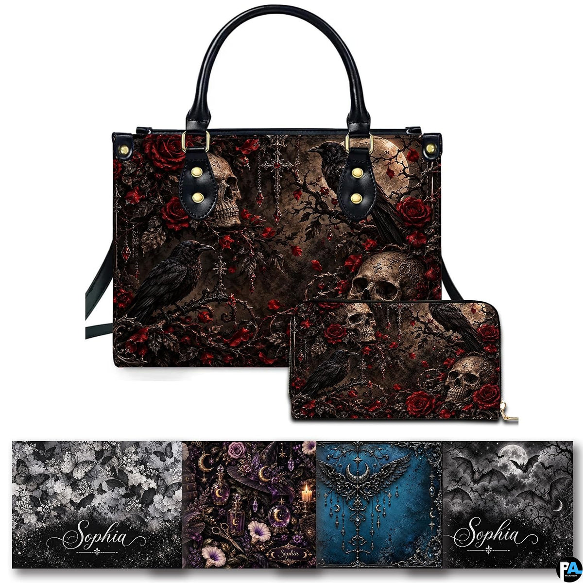 Gothic raven skull rose briar handbag and matching wallet set on white background.