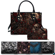 Gothic raven skull rose briar handbag and matching wallet set on white background.