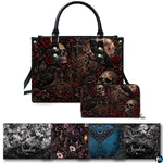 Gothic raven skull rose briar handbag and matching wallet set on white background.