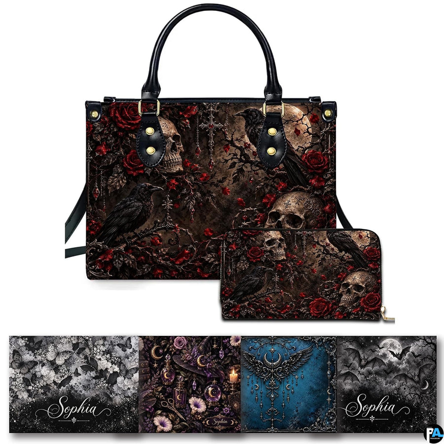 Gothic raven skull rose briar handbag and matching wallet set on white background.