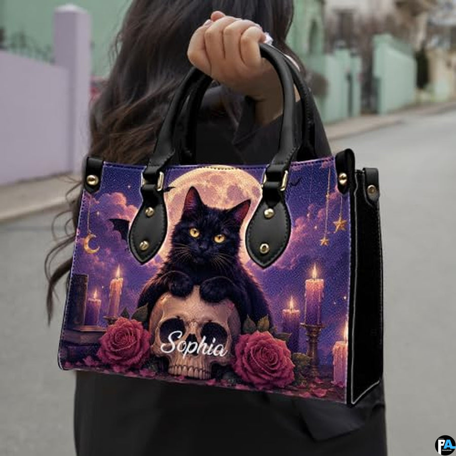Black Cat Leather Bag – Vintage Cat Art Handbag, Stylish Animal-Themed Purse, Unique Gift for Cat Lovers