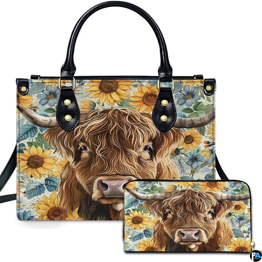 Highland Cow Leather Handbag Custom Cow Purse for Women Country Farm PU Leather Tote Gifts for Farmers Girls Mom Gift