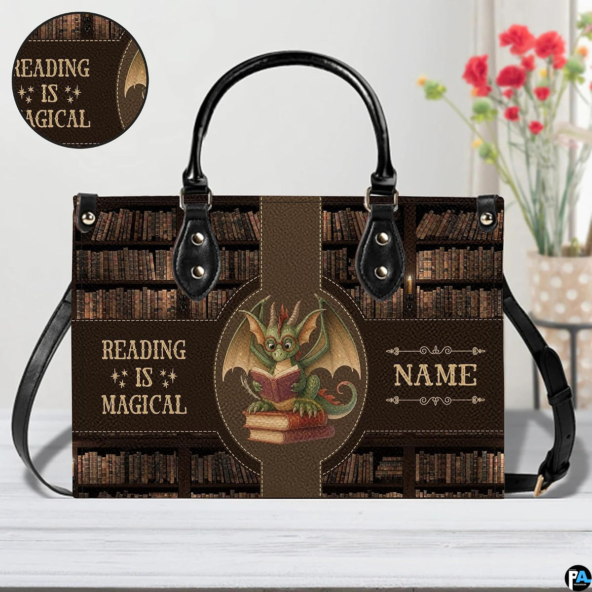 Handbag on tabletop with circular inset highlighting detailed border accents and surface texture
