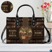 Handbag on tabletop with circular inset highlighting detailed border accents and surface texture