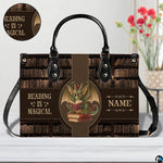 Handbag on tabletop with circular inset highlighting detailed border accents and surface texture