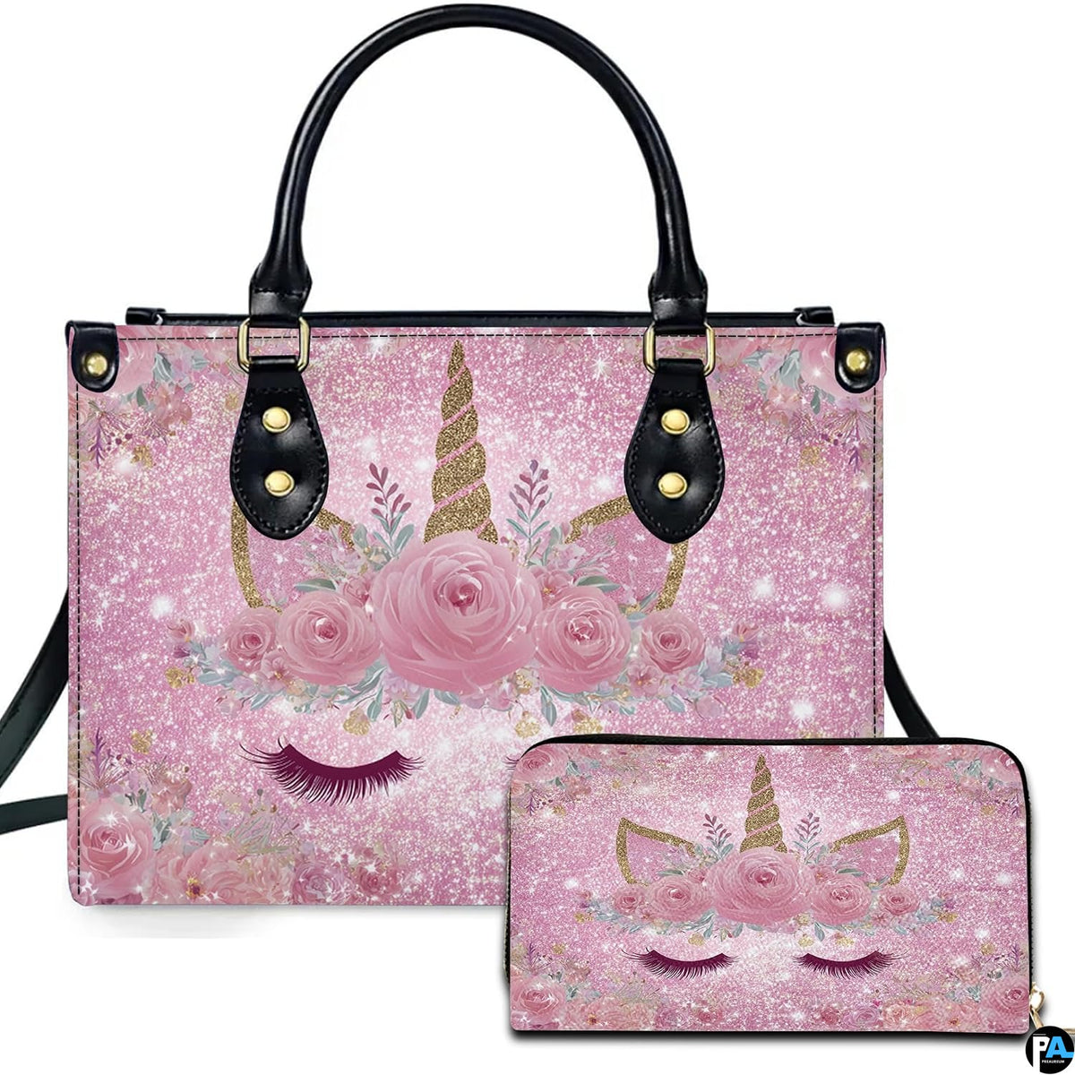 Sparkling rose unicorn handbag and matching wallet set featuring sleeping unicorn face on pink glitter.
