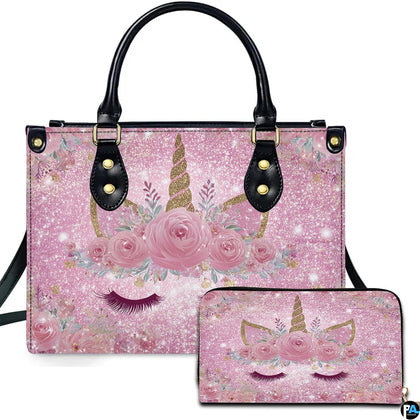 Sparkling rose unicorn handbag and matching wallet set featuring sleeping unicorn face on pink glitter.