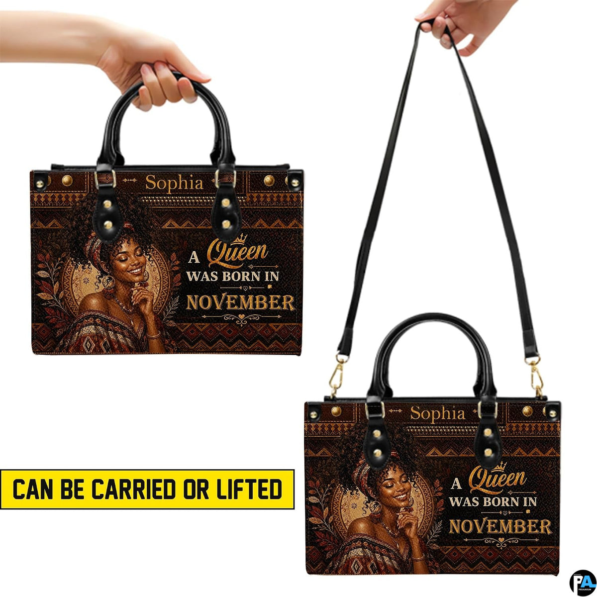 Two carrying views of regal African woman handbag