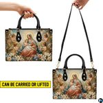 Back view of Madonna handbag featuring classical Renaissance oil painting floral artwork