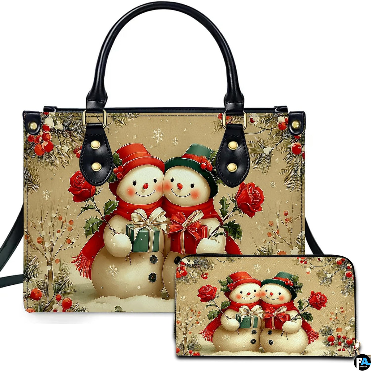 Front view of structured silhouette and matching accessory showcasing a snowman couple with red roses and gifts.
