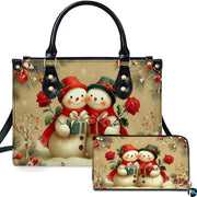 Front view of structured silhouette and matching accessory showcasing a snowman couple with red roses and gifts.