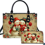 Front view of structured silhouette and matching accessory showcasing a snowman couple with red roses and gifts.