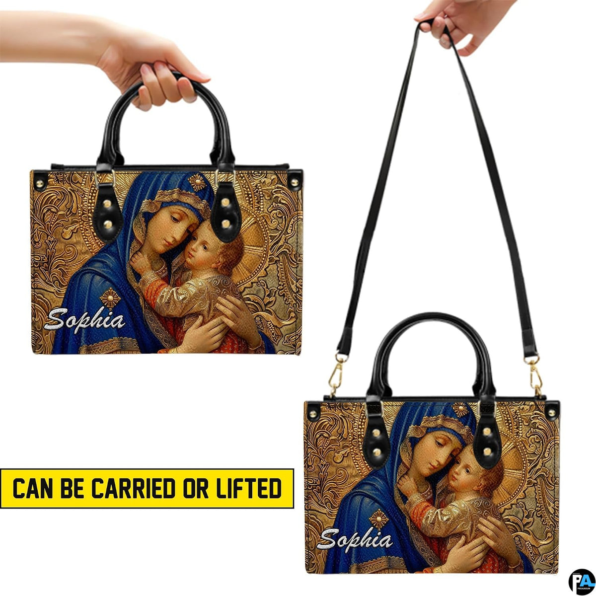Demonstration of top handle carrying and crossbody shoulder strap methods