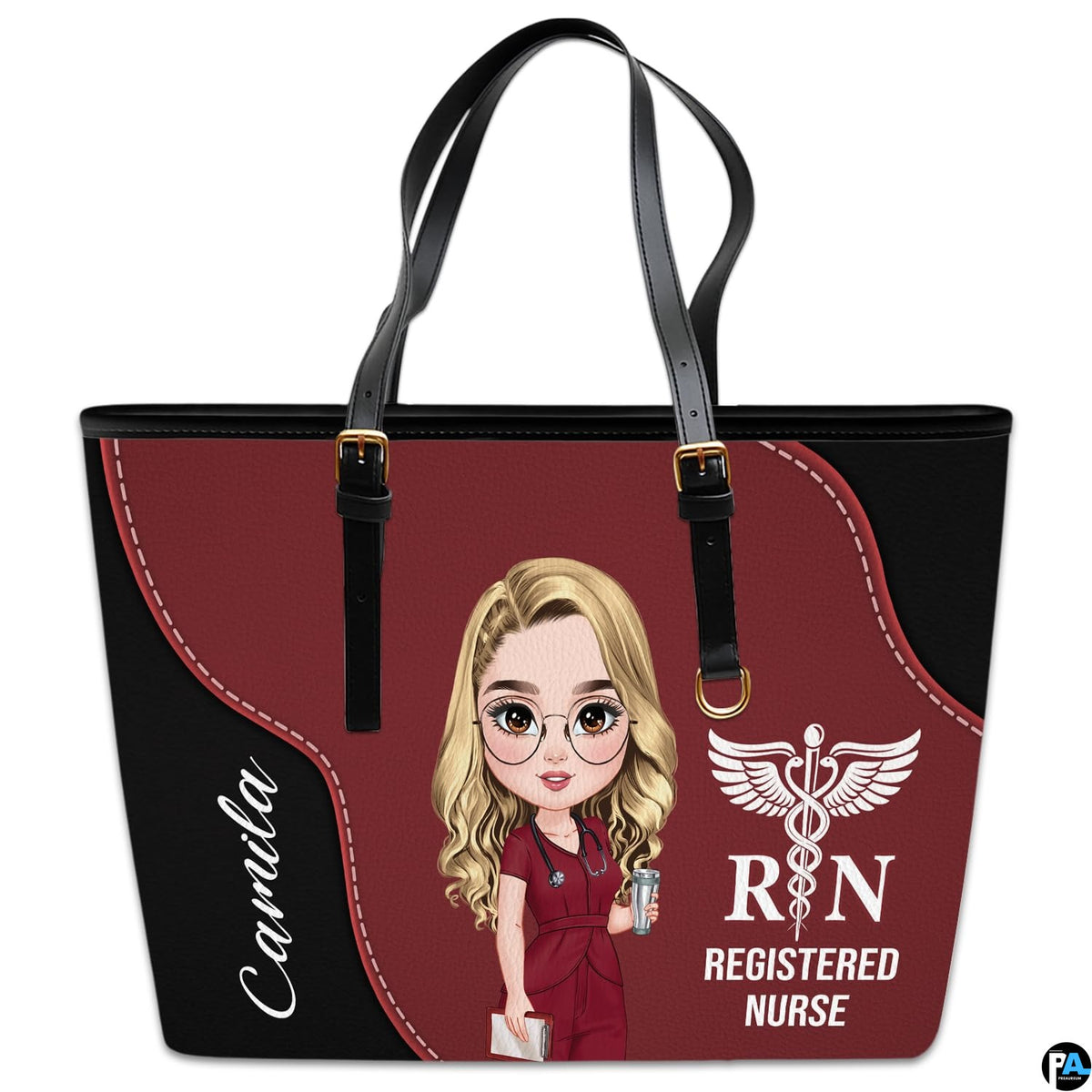 Studio display of Medical Professional Tote Handbag showing chibi clinician and winged caduceus crest.