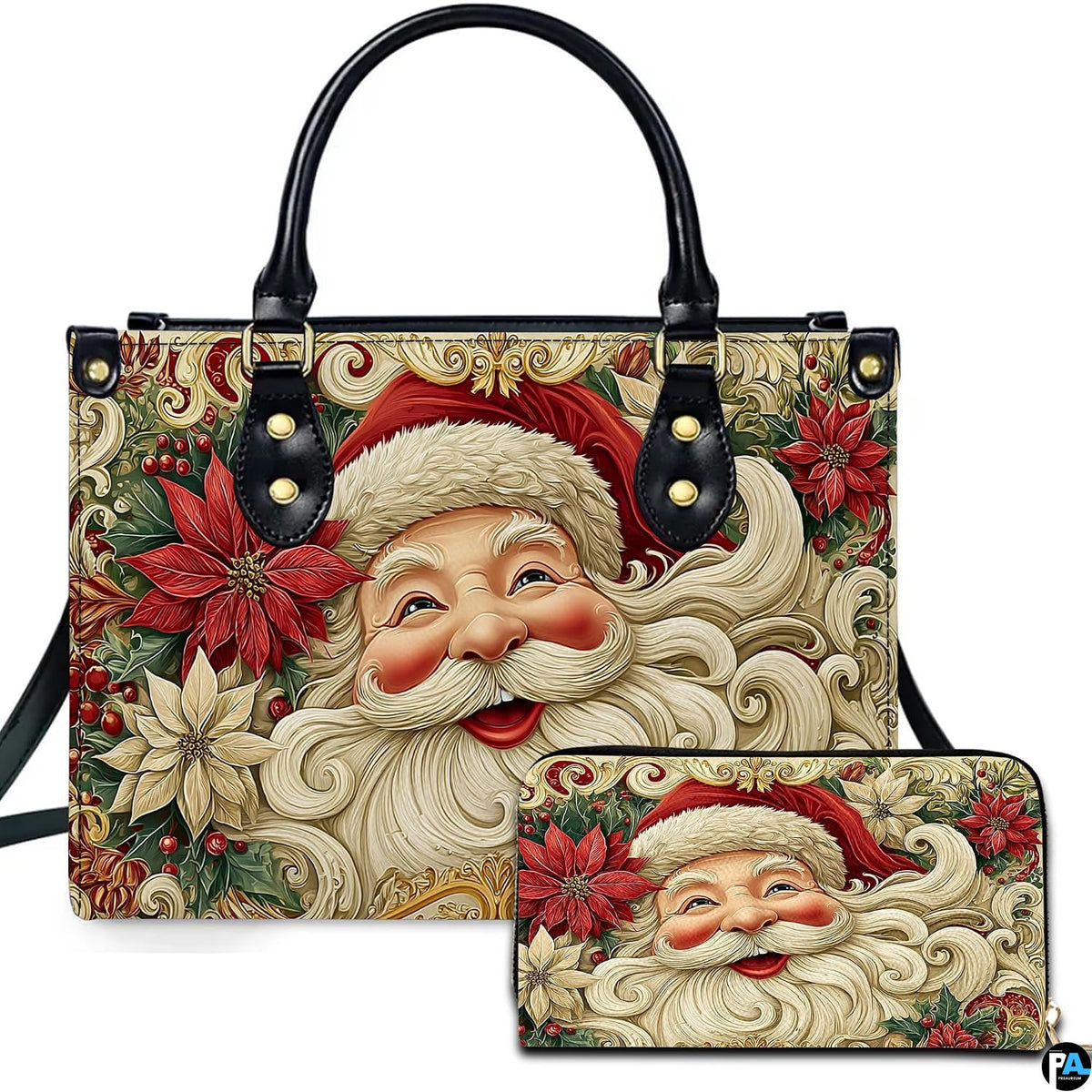 Front view of structured silhouette and matching accessory featuring laughing Santa with dual poinsettias.