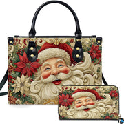 Front view of structured silhouette and matching accessory featuring laughing Santa with dual poinsettias.