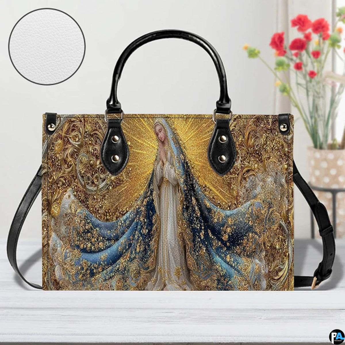 Angle view showcasing baroque golden flourishes and celestial blue drapery on the handbag.
