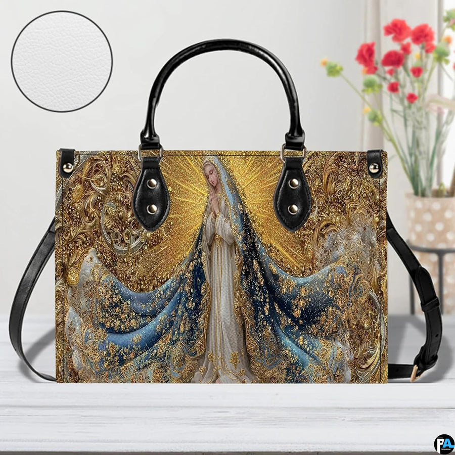 Angle view showcasing baroque golden flourishes and celestial blue drapery on the handbag.
