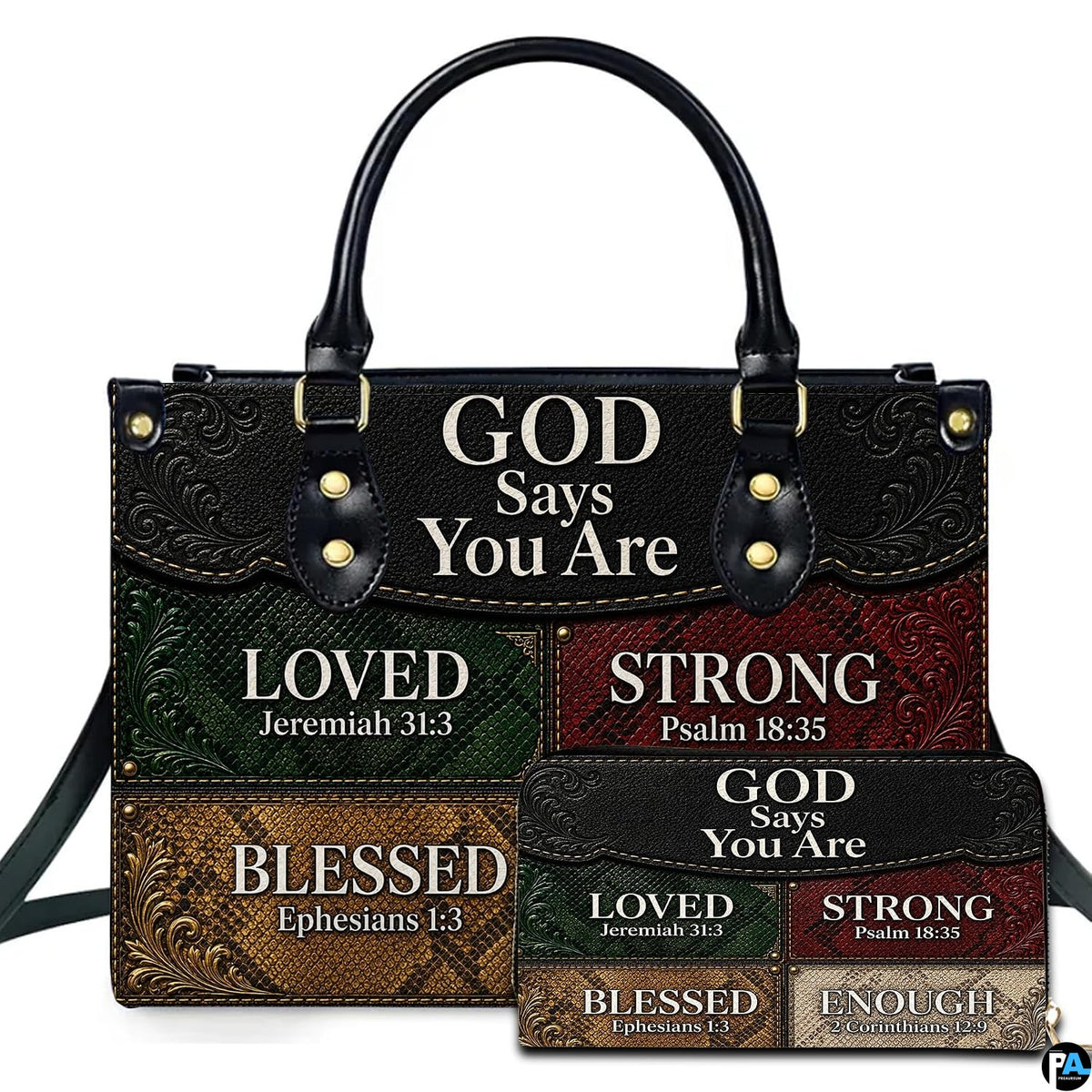 Front view of western colorblock patchwork handbag and matching wallet with tooled scrollwork corners.