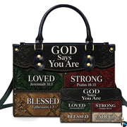 Front view of western colorblock patchwork handbag and matching wallet with tooled scrollwork corners.