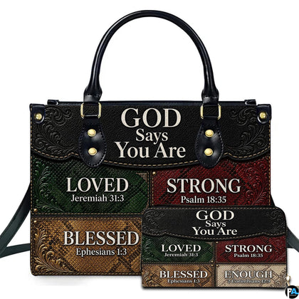 Front view of western colorblock patchwork handbag and matching wallet with tooled scrollwork corners.