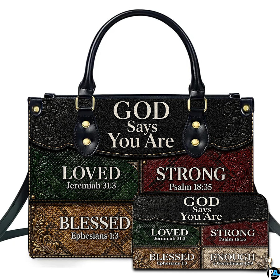 Front view of western colorblock patchwork handbag and matching wallet with tooled scrollwork corners.