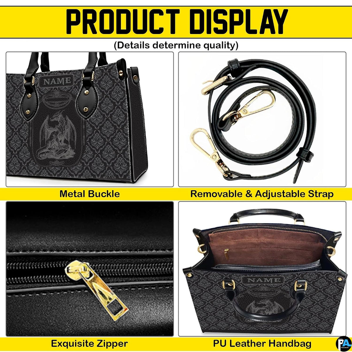 Four-panel showcase illustrating design details, hardware, and interior layout.