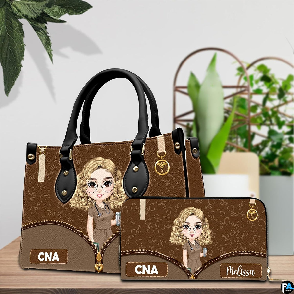 Chibi nursing assistant handbag and wallet set displayed on tabletop next to indoor greenery.