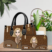 Chibi nursing assistant handbag and wallet set displayed on tabletop next to indoor greenery.