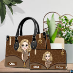 Chibi nursing assistant handbag and wallet set displayed on tabletop next to indoor greenery.