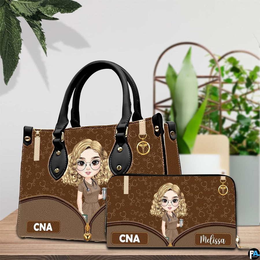 Chibi nursing assistant handbag and wallet set displayed on tabletop next to indoor greenery.