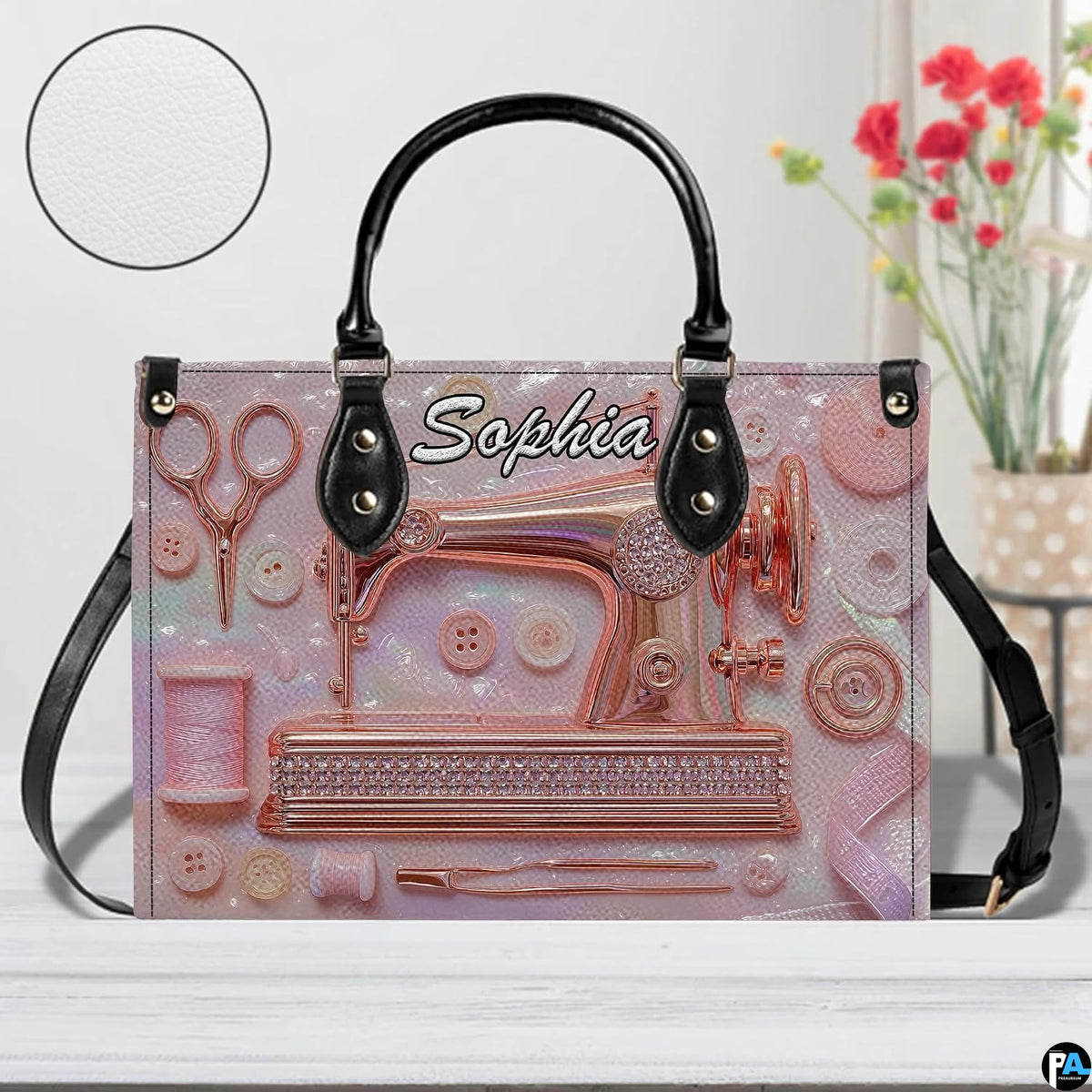 Direct frontal perspective highlighting rose gold sewing machine artwork and script lettering.