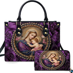 Royal purple madonna child handbag and matching wallet featuring pearl framed virgin mary and infant jesus artwork.