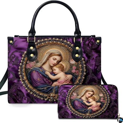 Royal purple madonna child handbag and matching wallet featuring pearl framed virgin mary and infant jesus artwork.